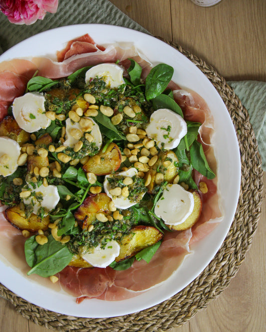 ROASTED PEACH SALAD WITH PARMA HAM & GOAT'S CHEESE