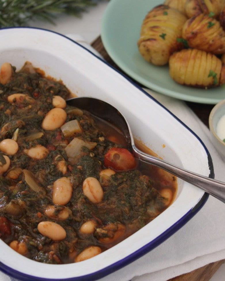 SMOKY BUTTERBEAN & SPINACH STEW WITH HASSLEBACK POTATOES